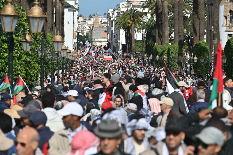 Thousands of Moroccans take part in a protest in support of Palestinians in Gaza and against normalisation of relations between Morocco and Israel, in Rabat, Morocco, Sunday, Feb.  11, 2024.  (AP Photo)