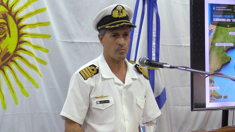 epa06360308 Argentine Navy Captain and spokesman of the military corps, Enrique Balbi, speaks during a press conference, in Buenos Aires, Argentina, 30 November 2017. The Argentine Navy said that it will continue with the search of the submarine ARA San Juan, which disappeared 15 days ago, but will no longer continue with with the rescue operation of the submarine's 44 crew members.  EPA/Marina Guillen