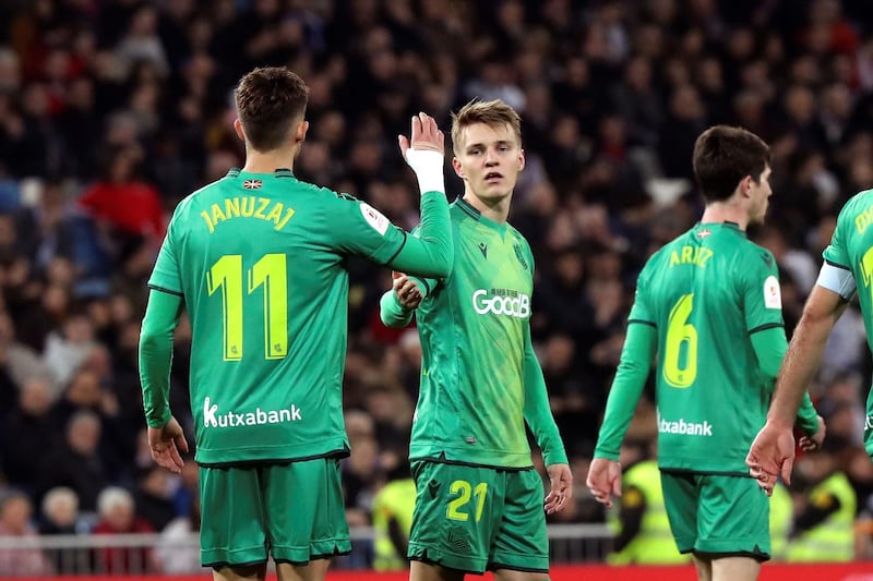 Real Sociedad's Martin Odegaard, centre, scored against Real Madrid, the team he was on loan from. EPA