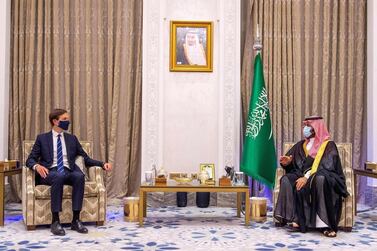 A handout picture provided by the Saudi Press Agency (SPA) shows Saudi Crown Prince Mohammed bin Salman (R) meeting with White House Senior Advisor Jared Kushner in Saudi Arabia's northwest Neom region on September 1, 2020. The pair discussed "the need to resume negotiations between the Palestinian and Israeli sides to achieve a just and lasting peace", according to the Saudi government news agency SPA. They also discussed how to bolster the US-Saudi partnership "in all fields" in order to boost regional and international security and stability. - === RESTRICTED TO EDITORIAL USE - MANDATORY CREDIT "AFP PHOTO / HO / SPA" - NO MARKETING NO ADVERTISING CAMPAIGNS - DISTRIBUTED AS A SERVICE TO CLIENTS === / AFP / SPA / Handout / === RESTRICTED TO EDITORIAL USE - MANDATORY CREDIT "AFP PHOTO / HO / SPA" - NO MARKETING NO ADVERTISING CAMPAIGNS - DISTRIBUTED AS A SERVICE TO CLIENTS ===