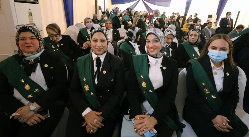 Nearly 100 women were on Tuesday sworn in as the first female judges of Egypt’s State Council, one of the country’s main judicial bodies, in Giza. All photos by EPA