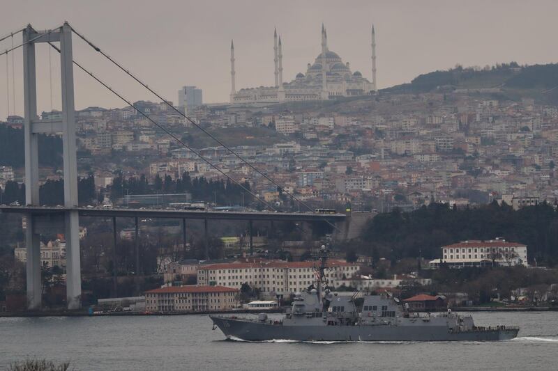 U.S. Navy guided-missile destroyer USS Thomas Hudner (DDG-116) sails in the Bosphorus, on its way to the Black Sea, in Istanbul, Turkey March 20, 2021. REUTERS/Murad Sezer