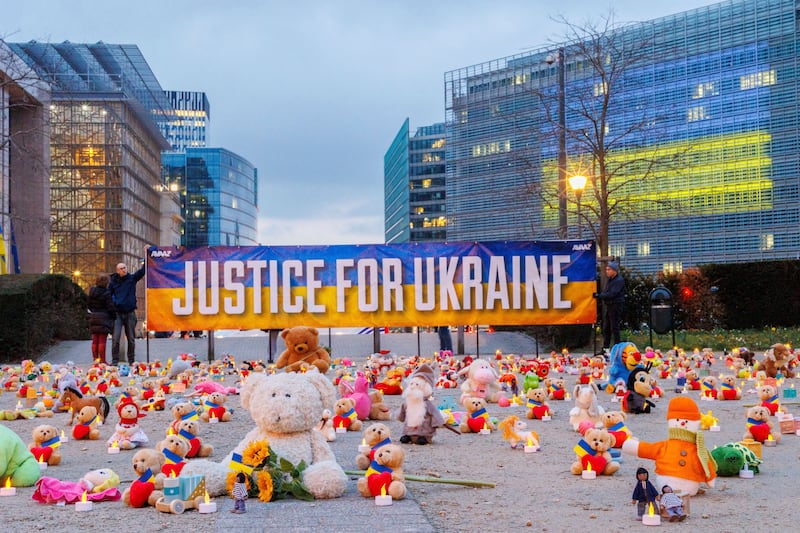 Avaaz activists and Ukrainian refugees on Thursday leave thousands of children's teddy bears and toys at Schuman Roundabout in front of the European Commission in Brussels to highlight the reported abduction 6,000 Ukrainian children by Russia. AP for Avaaz. org