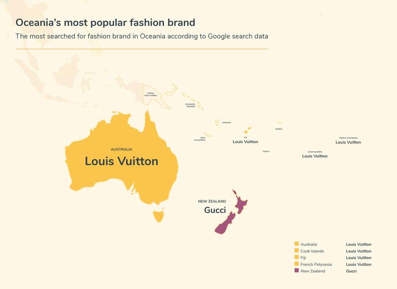 A map showing the most searched-for fashion brands across Oceania. Courtesy Money.co.uk