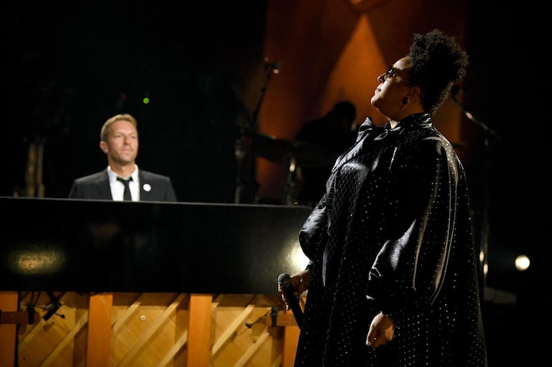 Chris Martin and Brittany Howard perform during the 63rd annual Grammy Awards ceremony broadcast live from the Staples Center in Los Angeles. AFP