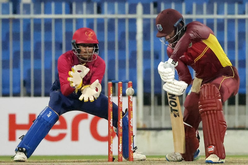 West Indies' Brandon King plays a shot during the first one-day international against UAE. His knock of 112 helped West Indies to a seven-wicket win at Sharjah Cricket Stadium. AFP