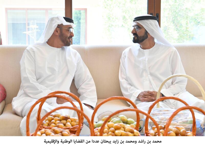 Sheikh Mohammed bin Rashid and Sheikh Mohammed bin Zayed in discussion. WAM