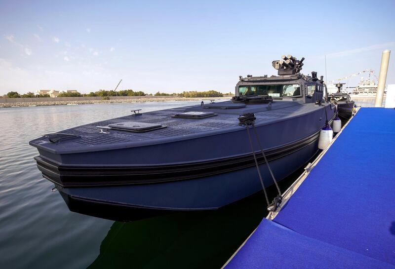 Abu Dhabi, United Arab Emirates, February 23, 2021.  Idex 2021 Day 3.
Aksum Marine at NAVDEX.  Chaser speedboat.
Victor Besa / The National
Section:  NA
Reporter: