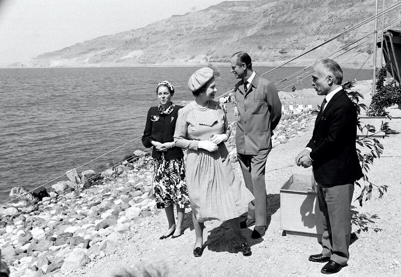 (Left) Queen Noor of Jordan; Queen Elizabeth II and Prince Philip and (right) King Hussein of Jordan on the bank of the Dead Sea when the Royal party enjoyed a picnic lunch on this, the third day of the Queen's and Prince Philip's state visit to Jordan.No Use UK. No Use Ireland. No Use Belgium. No Use France. No Use Germany. No Use Japan. No Use China. No Use Norway. No Use Sweden. No Use Denmark. No Use Holland