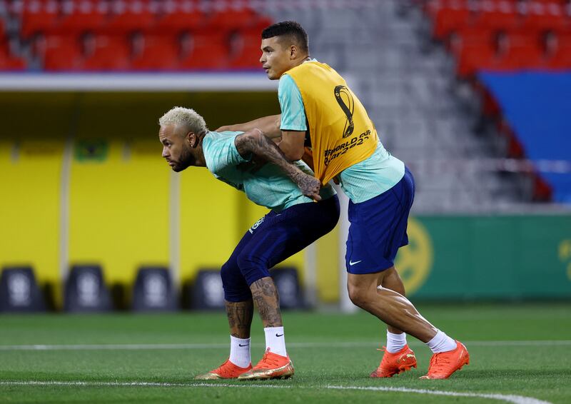 Neymar and Thiago Silva during training. Reuters