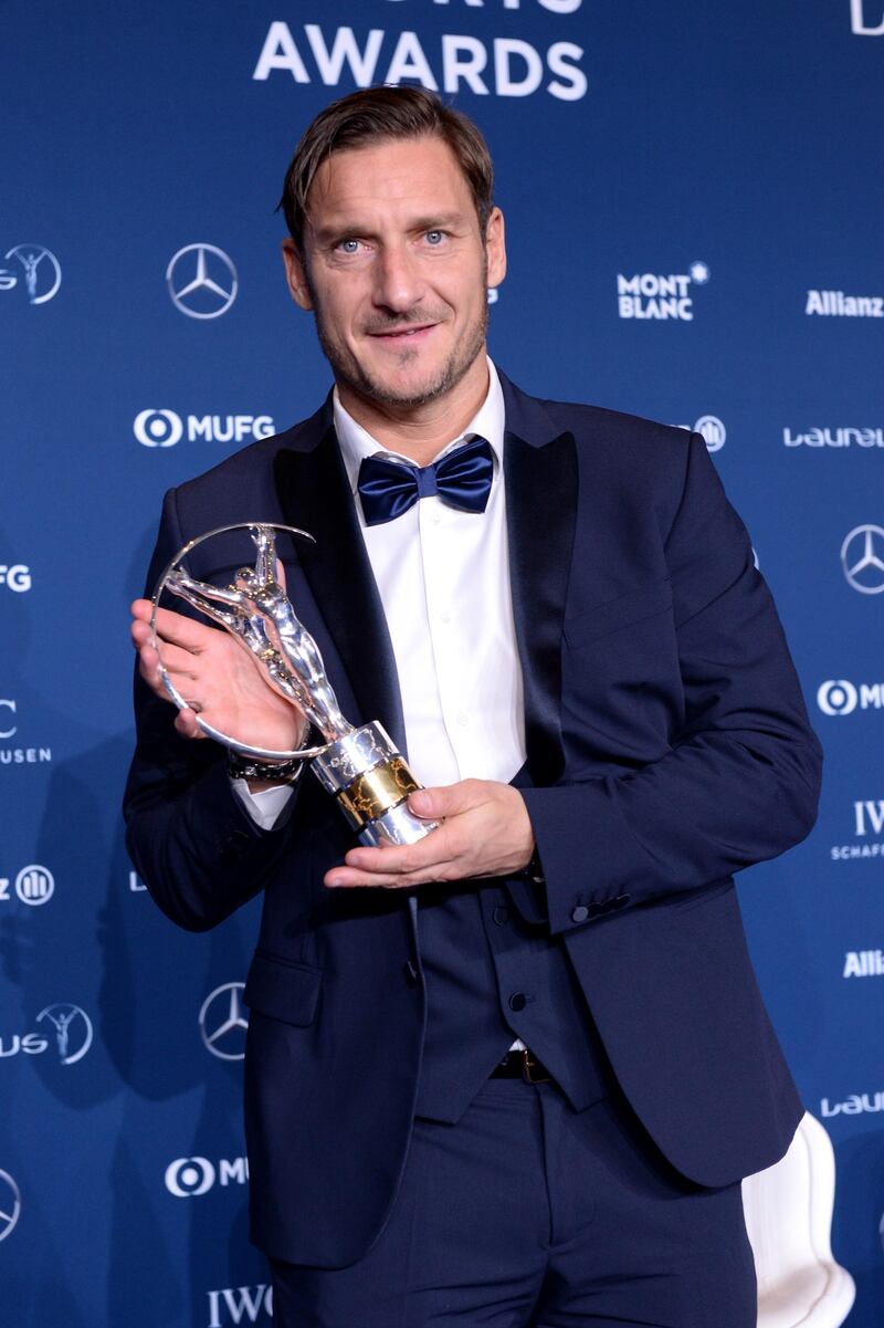 MONACO - FEBRUARY 27: Francesco Totti holds his award for Exceptional Achievement at Salle des Etoiles, Sporting Monte-Carlo on February 27, 2018 in Monaco, Monaco.  (Photo by Christian Alminana/Getty Images for Laureus)