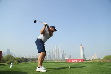 Tyrrell Hatton tees off on the eighth hole during the pro am ahead of the Omega Dubai Desert Classic at Emirates Golf Club in Dubai. Getty