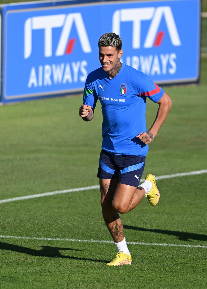 Gianluca Scamacca of Italy during a training session. Getty