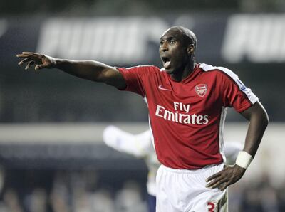 CORRECTING IDENTITY -- SOL CAMPBELL
Arsenal's Sol Campbell gestures during the Premier League match against Tottenham Hotspurs at White Hart Lane in London on April 14,   2010. AFP PHOTO/IAN KINGTON

FOR EDITORIAL USE ONLY Additional licence required for any commercial/promotional use or use on TV or internet (except identical online version of newspaper) of Premier League/Football League photos. Tel DataCo +44 207 2981656. Do not alter/modify photo. (Photo by IAN KINGTON / AFP)