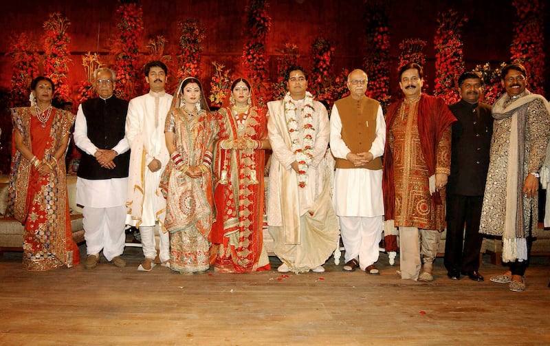 Sahara Group chief Subrata Roy, third from right, at his younger son Seemanto's, fifth from right, marriage to Chandni Singh, sixth from right, in Lucknow.  AFP