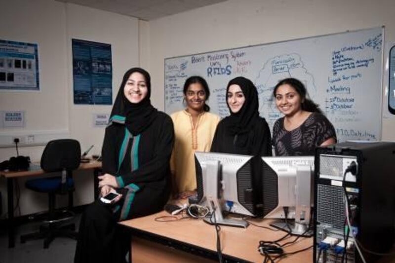 Students of American University of Sharjah, (from l to r) Meher Zaidi, Madhumeta Ganesh, Shamma al Qassim and Shaheen Khoja who are developing a smart phone application that can detect breathing interruption in patient suffering from sleep apnea. Dubai, UAE, December 18, 2011.