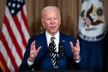 US President Joe Biden makes a foreign policy speech at the State Department in Washington, February 4, 2021. Biden announced that he is ending US support for Saudi offensive operations in Yemen. EPA