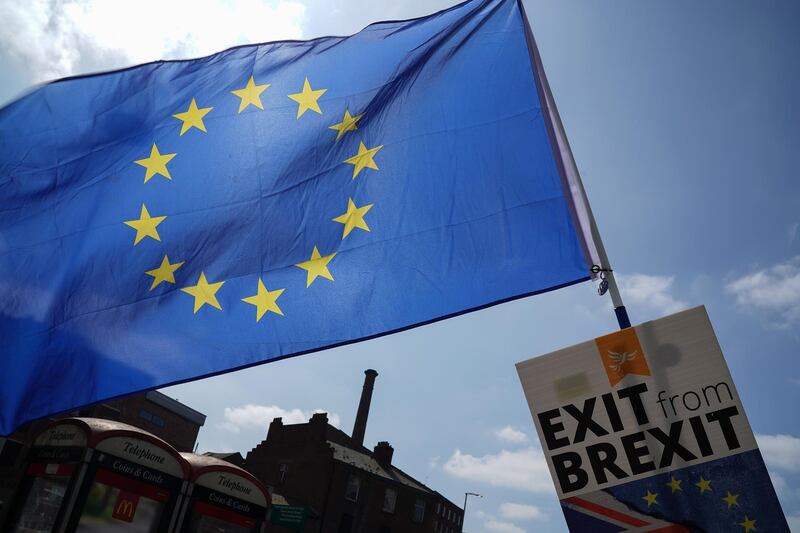 STOCKPORT, ENGLAND - APRIL 14:  Pro-EU campaigners take part in a demonstration in Stockport town centre on April 14, 2018 in Stockport, England. Activists and supporters from Open Britain, the European Movement and Britain for Europe, are taking part in events across the UK today in what has been called the groups' largest ever joint grassroots national day of action.  (Photo by Christopher Furlong/Getty Images)