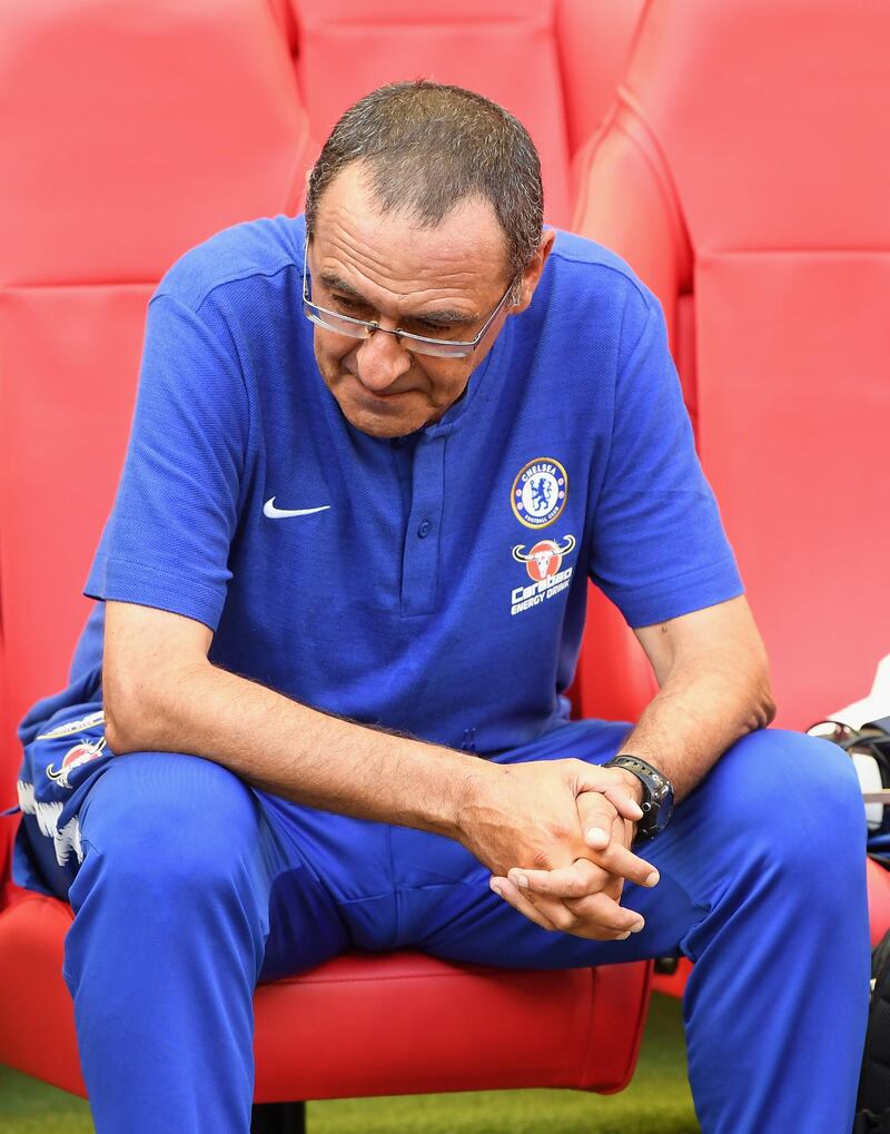 LONDON, ENGLAND - AUGUST 05:  Maurizio Sarri, Head Coach of Chelsea reacts following his side's defeat during the FA Community Shield between Manchester City and Chelsea at Wembley Stadium on August 5, 2018 in London, England.  (Photo by Michael Regan/Getty Images)