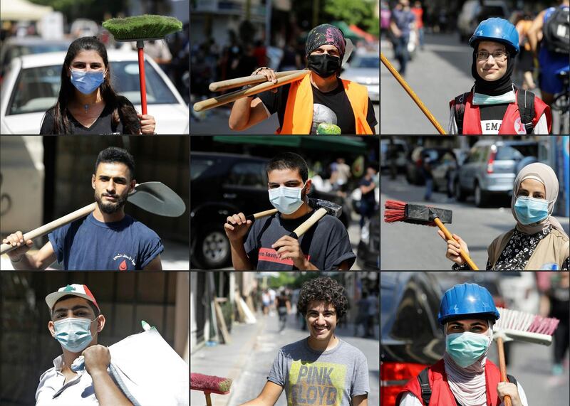 (COMBO) This combination of pictures created and taken on August 11, 2020 shows posing for pictures while helping as volunteer in the clean-up of the Gemmayzeh neighbourhood of Lebanon's capital Beirut on August 11, 2020, in the aftermath of the massive port explosion a week prior, (top L to R) Mona Aref (21), Elie Hanna (30), Mariam al-Eter (20); (middle L to R) Mohammad Ahmad (29), Andrew Kassatly (20), Fadwa Haddad (30); (bottom L to R) Milad Sahmarani (16), Michel Rezkallah (16), and Amina al-Kazzaz (26).  / AFP / JOSEPH EID

