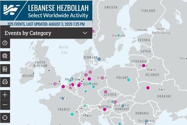 Users can close in on individual cities to see Hezbollah's activities. The Washington Institute