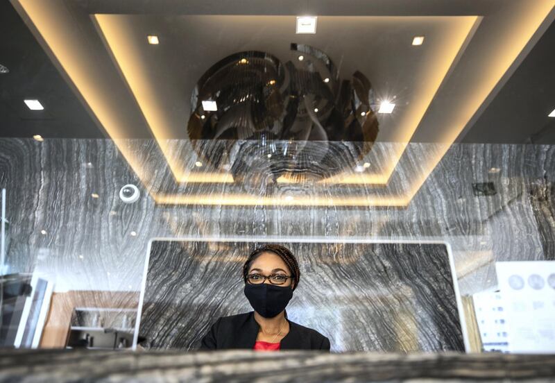 Abu Dhabi, United Arab Emirates, July 8, 2020.   
 Safety plexiglass at the reception of Marriot Hotel Downtown, Abu Dhabi.
Victor Besa  / The National
For:  Hotels Opening AUH
Section:  NA 
Reporter: