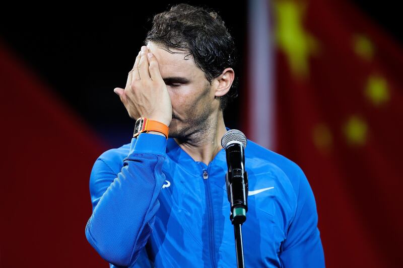 SHANGHAI, CHINA - OCTOBER 15:  Rafael Nadal of Spain reacts during the award ceremony after losing his Men's singles final match against Roger Federer of Switzerland on day eight of 2017 ATP Shanghai Rolex Masters at Qizhong Stadium on October 15, 2017 in Shanghai, China.  (Photo by Lintao Zhang/Getty Images)