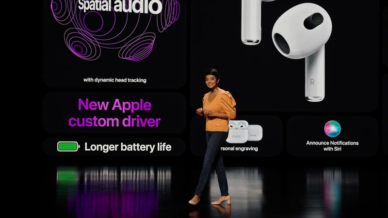 Apple's Susmita Dutta presents the third-generation AirPods featuring spatial audio. Photo: EPA