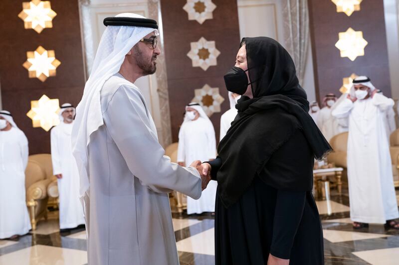 New Zealand's Governor-General Dame Cindy Kero greets the President, Sheikh Mohamed.