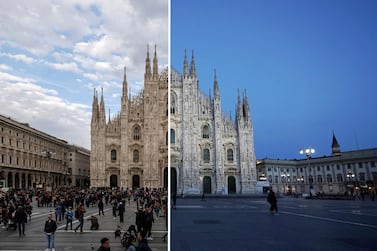 Before and after the coronavirus at Milan, Italy's Duomo di Milano. Getty Images 
