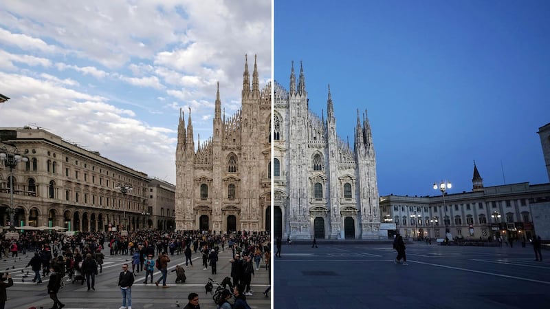 Before and after the coronavirus at Milan, Italy's Duomo di Milano. Getty Images 