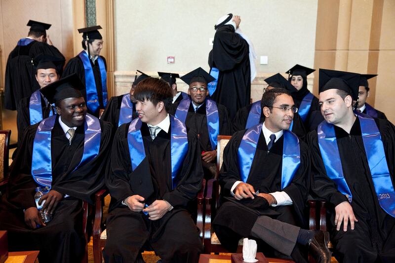 Abu Dhabi, United Arab Emirates, June 11, 2013: 
Masdar's class of 2013 master's graduates socialize and prepare as they wait to take the stage to receive their diplomas at their graduation ceremony on Wednesday evening, June 12, 2013 at the Emirates Palace in Abu Dhabi.
Silvia Razgova / The National

 *** Local Caption ***  sr-130612-masdargrad02.jpg