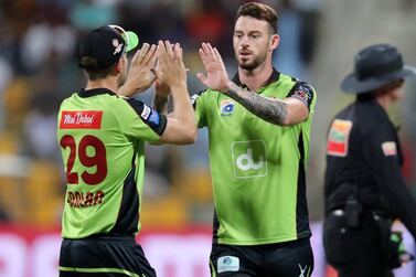 Abu Dhabi, United Arab Emirates - November 24, 2019: Qalandars Jordan Clark takes the wicket of Tigers' Andre Fletcher caught by George Garton during the 3rd 4th place playoff game between the Bangla Tigers and the Qalandars in the Abu Dhabi T10 league. Sunday, November 24th, 2017 at Zayed Cricket Stadium, Abu Dhabi. Chris Whiteoak / The National