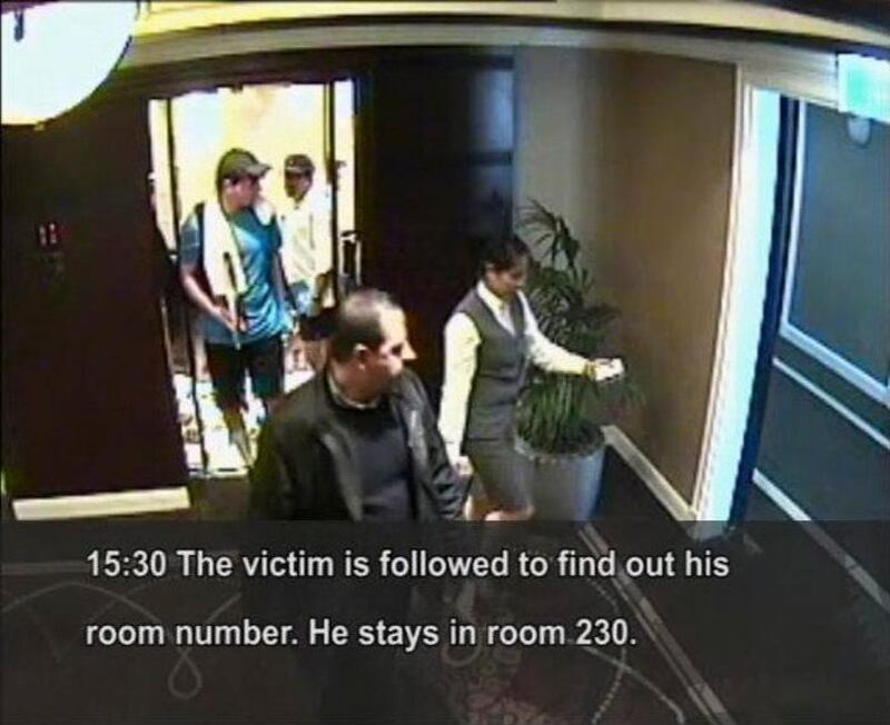 Hamas militant, Mahmoud al-Mabhouh (bottom), is shown being followed by his alleged killers in this CCTV handout from Dubai police February 15, 2010. Israel's foreign minister said on Wednesday the use of the identities of foreign-born Israelis by a hit squad suspected of killing Hamas militant, Mahmoud al-Mabhouh, in Dubai did not prove the Mossad spy agency assassinated him. Men with the same names as seven of the 11 suspects whose European passport photos were distributed by Dubai live in Israel, and those reached by reporters insisted their identities had been stolen and noted the pictures were not a match. Handout dated February 15, 2010.  REUTERS/Dubai Police/Handout (UNITED ARAB EMIRATES - Tags: CRIME LAW POLITICS) QUALITY FROM SOURCE. FOR EDITORIAL USE ONLY. NOT FOR SALE FOR MARKETING OR ADVERTISING CAMPAIGNS *** Local Caption ***  LON100_UAE-HAMAS-IS_0217_11.JPG