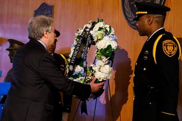 UN Secretary-General Antonio Guterres lays a wreath to commemorate the 157 people who died when an Ethiopian Airlines crashed earlier this week. EPA.