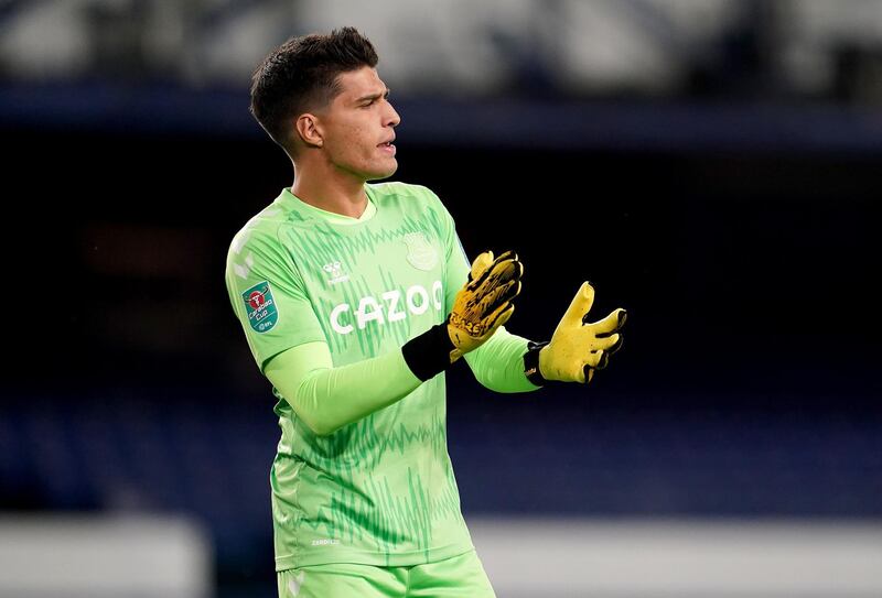 LIVERPOOL, ENGLAND - SEPTEMBER 16: Joao Virginia of Everton reacts during the Carabao Cup Second Round match between Everton FC and Salford City at Goodison Park on September 16, 2020 in Liverpool, England. (Photo by Jon Super - Pool/Getty Images)