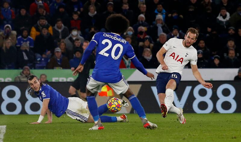 Harry Kane scores Tottenham's first goal against Leicester. AFP