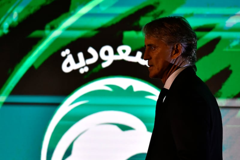 Italian manager Roberto Mancini takes his seat as he was unveiled as Saudi Arabia coach in Riyadh. EPA