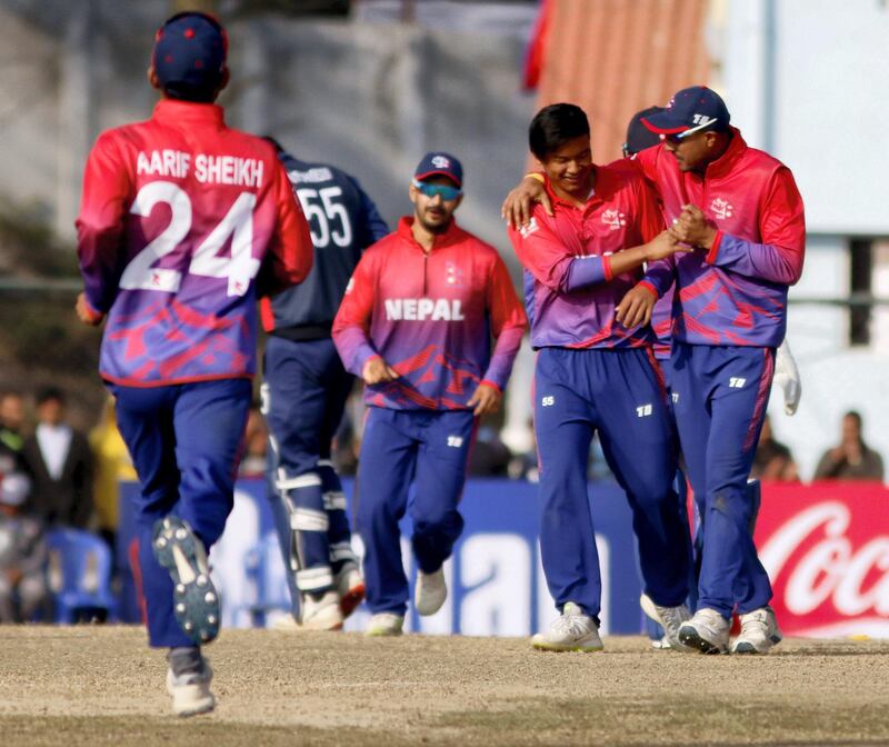 Team Nepal celebrate taking a wicket during the ICC Cricket World Cup League 2 match between USA and Nepal at TU Cricket Stadium on 8 Feb 2020 in Nepal (5)