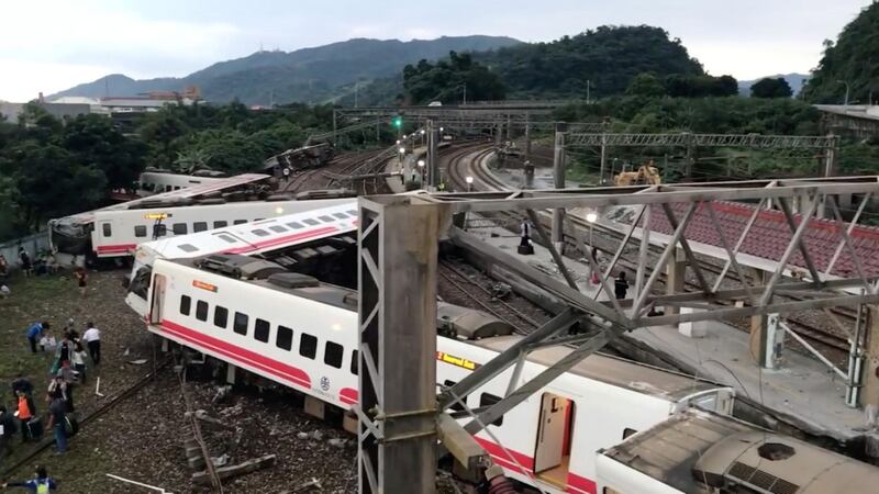 The wreckage of a train which had overturned is pictured during a rescue operation in Yilan County, Taiwan. REUTERS