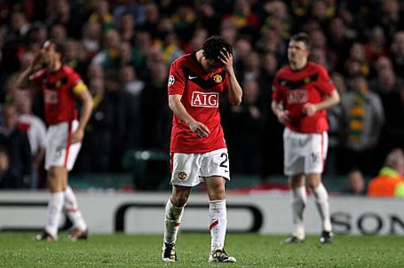 Manchester United's Rafael is sent off in the second-leg quarter final against Munich.