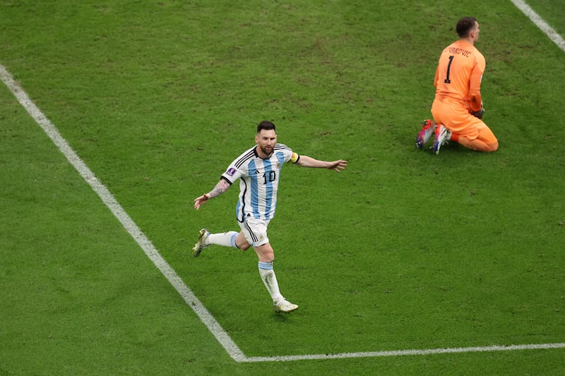 Lionel Messi after scoring Argntina's first goal from the penalty spot. Getty