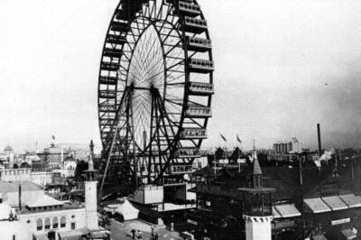 The first Ferris wheel, standing 79 metres tall and capable of carrying 1,400 people, looms over the 1893 World's Columbian Exposition in Chicago. AP