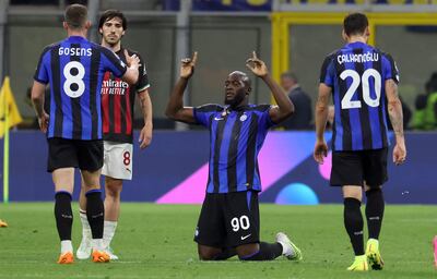 Inter Milan's Romelu Lukaku celebrates after the Champions League semi-final win over AC Milan on May 16, 2023. EPA