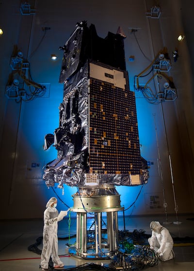 A SBIRS satellite being tested before being launched 36,000km above Earth to track thermal radiation and identify potential missile launches. Lockheed Martin