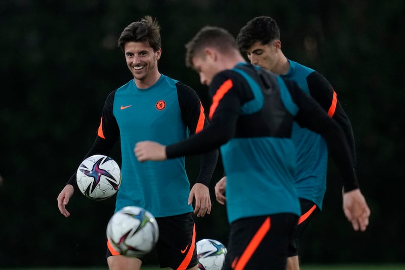 Mason Mount, left, during a training session in Abu Dhabi. AP