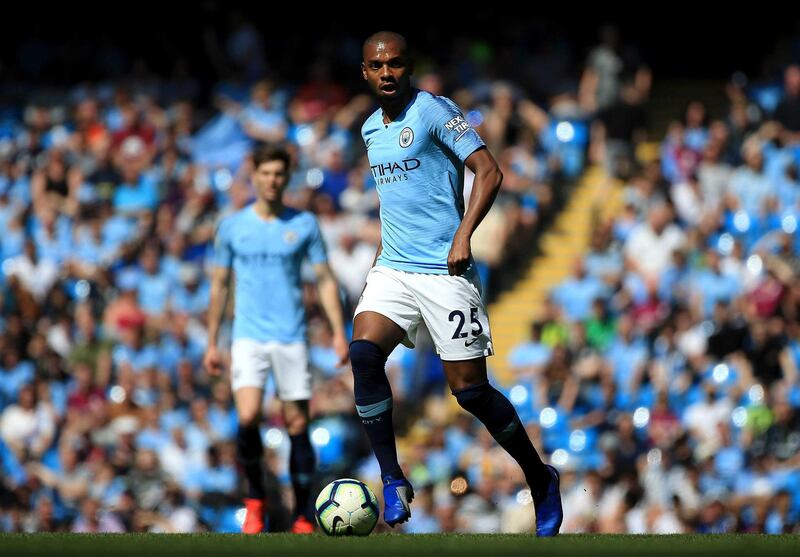 MANCHESTER, ENGLAND - APRIL 20:   Fernandinho of Manchester City runs with the ball during the Premier League match between Manchester City and Tottenham Hotspur at Etihad Stadium on April 20, 2019 in Manchester, United Kingdom. (Photo by Tom Flathers/Man City via Getty Images)