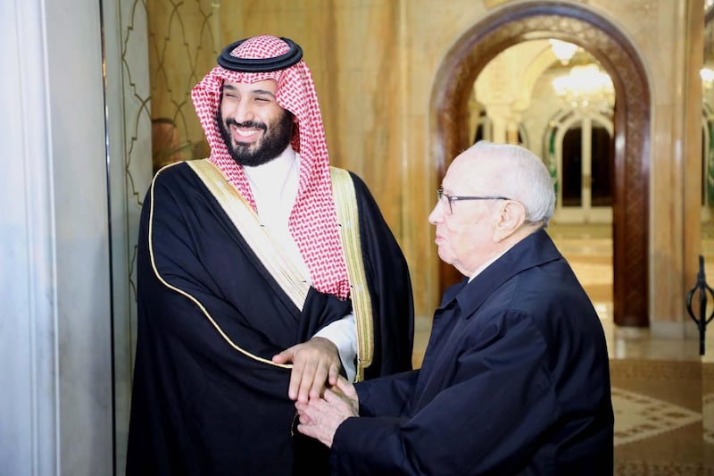 Tunisian President Beji Caid Essebsi receives Saudi Crown Prince Mohammed bin Salman at the presidential castle of Carthage. EPA