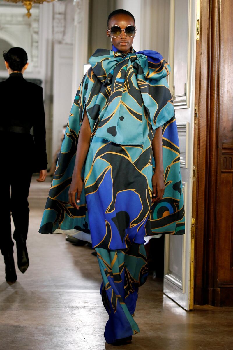 A look from Elie Saab's autumn / winter 2019 women's ready-to-wear show during Paris Fashion Week. Reuters