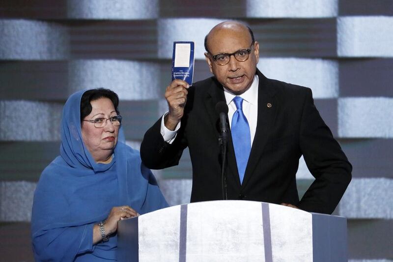 Khizr Khan, father of fallen US Army Capt Humayun S M Khan, holds up a copy of the US constitution in a speech before the Democratic National Convention in Philadelphia in 2016. AP